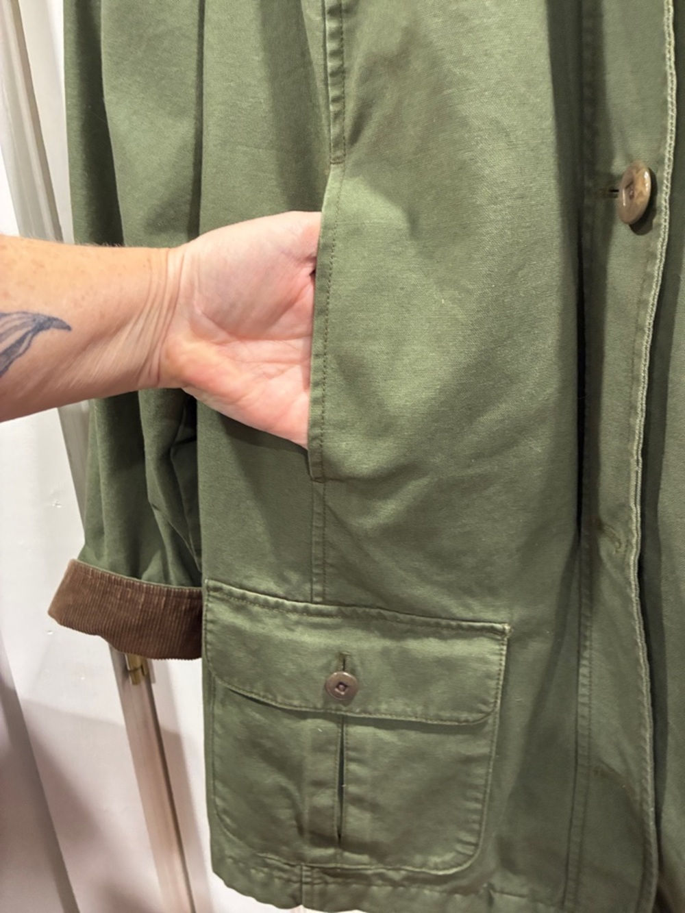 L.L. Bean Olive Green Utility Jacket with Brown Corduroy Collar - Picture 4 of 4